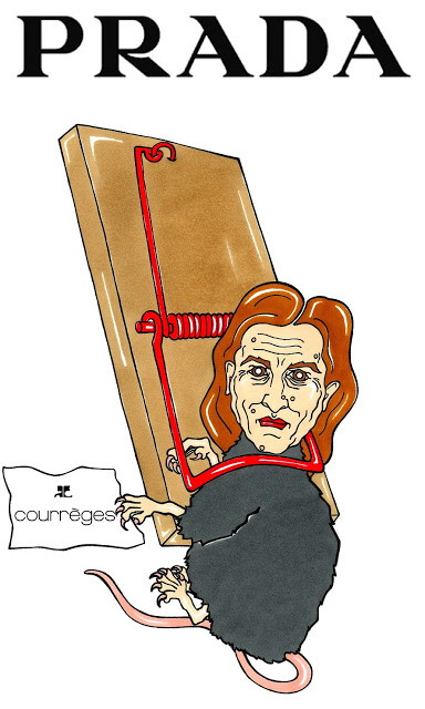 Rysunki z serii No fake: Miuccia Prada złapana na plagiacie (?), rys. AleXsandro Palombo/ Humor Chic