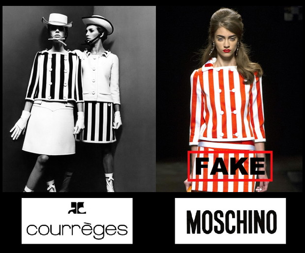 Rysunki z serii No fake: Moschino wiosna-lato 2013 kontra archiwalne zdjęcia kolekcji André Courrèges, kolaż AleXsandro Palombo/ Humor Chic