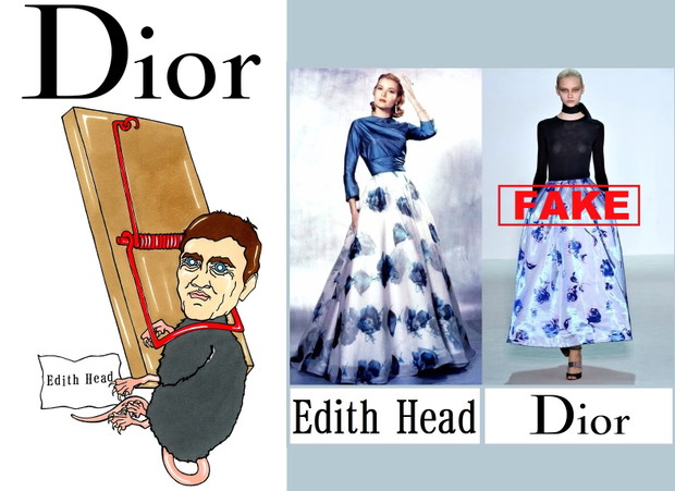 Rysunki z serii No fake: podobieństwo sukienki Raf Simmons dla Dior i archiwalnego projektu Edith Head, rys. AleXsandro Palombo/ Humor Chic