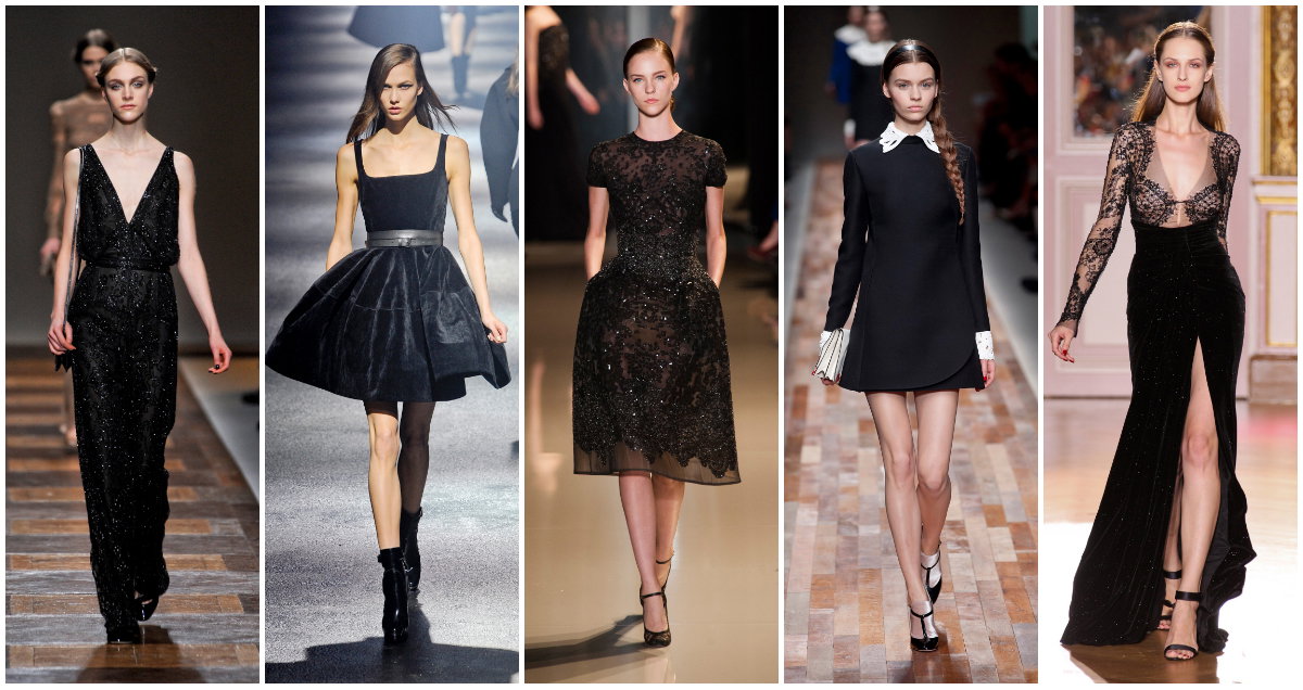 Czarne sukienki, od lewej: Valentino jesień-zima 2012, Lanvin jesień-zima 2012, Elie Saab haute couture wiosna-lato 2013, Valentino jesień-zima 2013, Zuhair Murad haute couture jesień-zima 2012, fot. Imaxtree