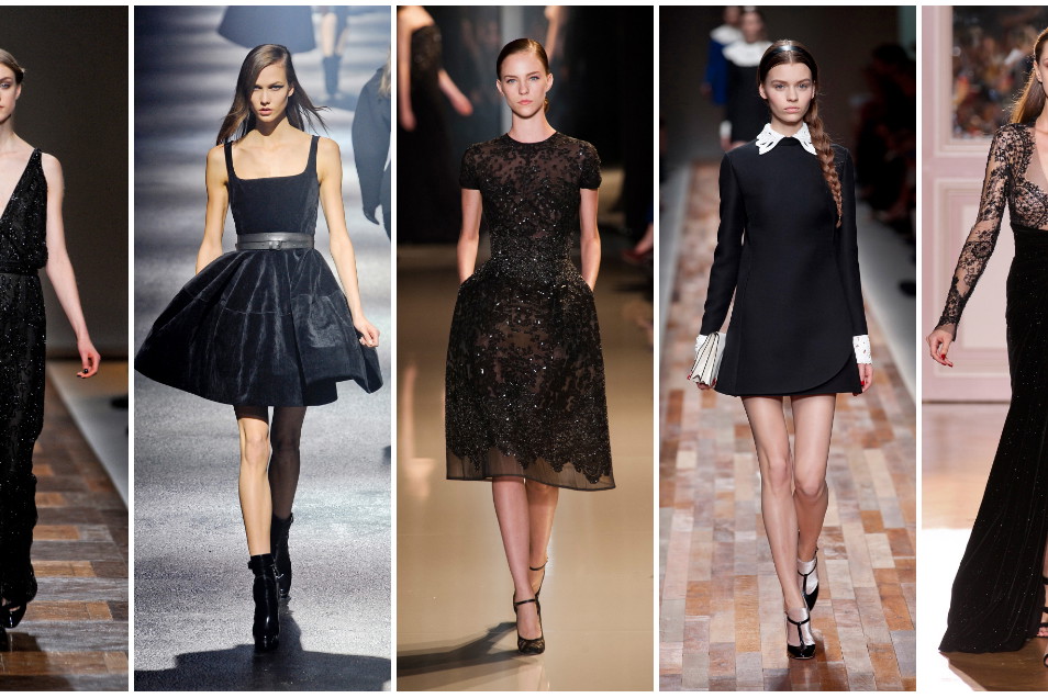 Czarne sukienki, od lewej: Valentino jesień-zima 2012, Lanvin jesień-zima 2012, Elie Saab haute couture wiosna-lato 2013, Valentino jesień-zima 2013, Zuhair Murad haute couture jesień-zima 2012, fot. Imaxtree