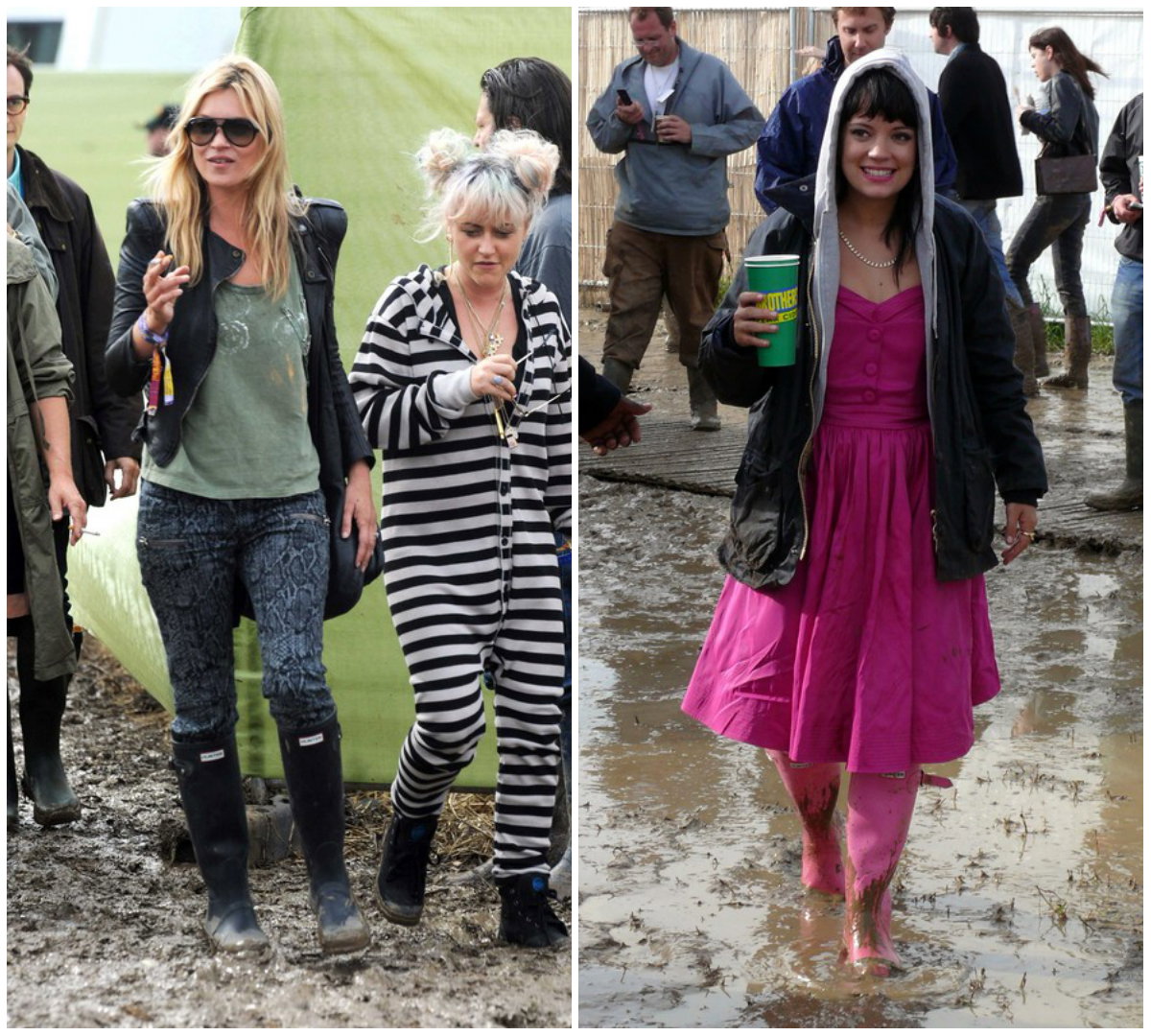 Kate Moss na Glastonbury Festival w 2011 roku i Lily Allen/ Lily Rose Cooper na Glastonbury Festival w 2007 roku, fot. East News 