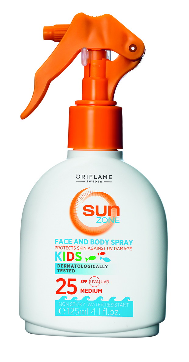 Spray do opalania twarzy i ciała dla dzieci Sun Zone KIDS SPF 25 - Formuła o lekkim zabarwieniuniebieskim, łatwo się wchłania, chroni wrażliwą skórę dzieci. Wodoodporna. Od 1. roku życia.Poj. 125 ml,