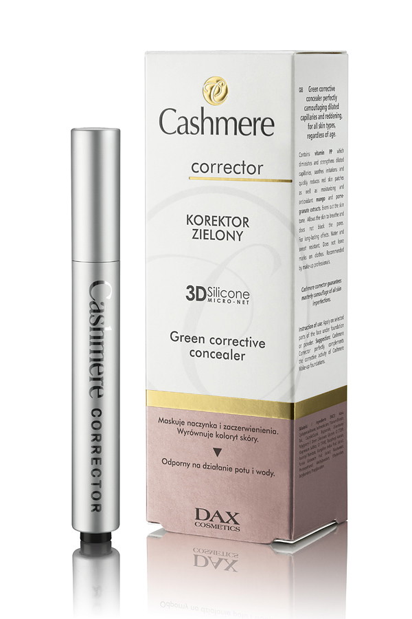 Korektor zielony, Cashmere Corrector DAX COSMETICS, maskuje rozszerzone naczynka i zaczerwienienia, wyrównuje koloryt cery, odporny na działanie potu i wody Cena: ok. 34 zł, fot. mat. prasowe