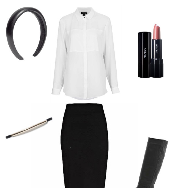 Inspiracja: Balenciaga Koszula, Topshop, 180 zł, spódnica, River Island, 100 zł, kozaki, River Island, 550 zł, pasek, Zara, 89 zł, szminka, Shiseido, 105 zł, opaska, H&M, 19 zł