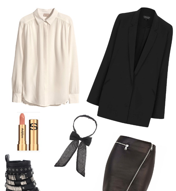 Inspiracja: Saint Laurent ParisKoszula, H&M, 199 zł, marynarka Topshop, 350 zł, spódnica, River Island, 125 zł, szminka, Sisley, 175 zł, muszka, Asos, 45 zł, buty, Asos, 390 zł