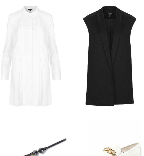 Inspiracja: Victoria BeckhamKoszula, Topshop, 189 zł, kamizelka, Topshop, 250 zł, pasek, Zara, 79 zł, buty, River Island, 140 zł