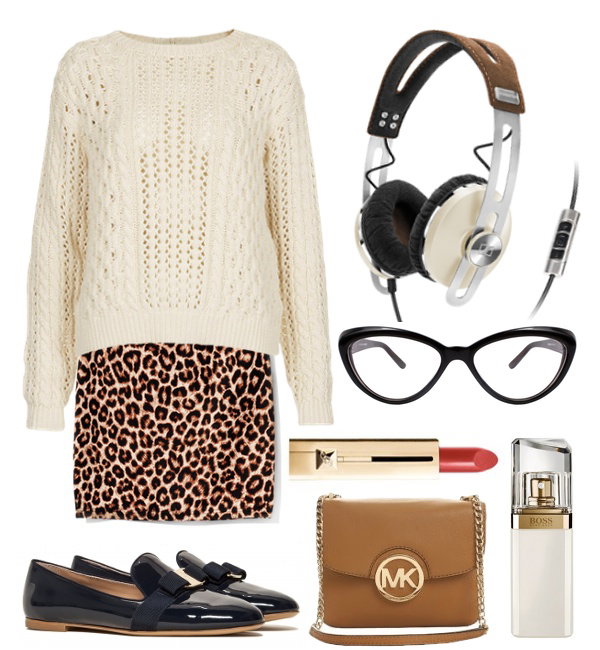 Słuchawki Sennheiser Momentum On Ear Ivory 849 zł, sweter Topshop ok. 250 zł, buty Salvatore Ferragamo 1650 zł, spódnica House 49,99 zł, oprawki Retro54, torebka Michael Kors/Chiara.pl 790 zł, pomadka Gu