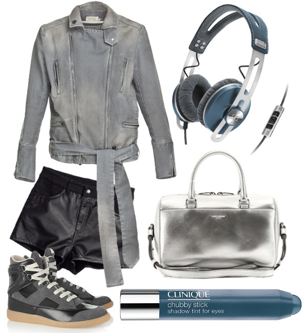 Słuchawki Sennheiser Momentum On Ear Blue 845 zł, kurtka Łukasz Jemioł/Mostrami.pl 1690 zł, szorty H&M 79,90 zł, trampki Maison Martin Margiela ok. 2000 zł, torba Saint Laurent ok. 5500 zł, cień do