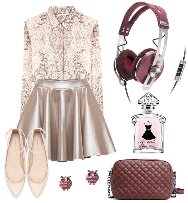 Słuchawki Sennheiser Momentum On Ear Pink 845 zł, spódnica Bizuu 395 zł, koszula See by Chloé/Zalando.pl 1329 zł, torebka Mango 119 zł, baleriny Zara 129 zł, perfumy Guerlain La Petite Robe/sklep.elle.