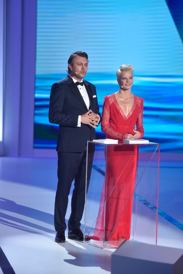 Marek Bukowski i Małgorzata Kożuchowska (w sukni Maciej Zień) na gali zamknięcia Festiwalu Filmowego w Gdyni 2018.