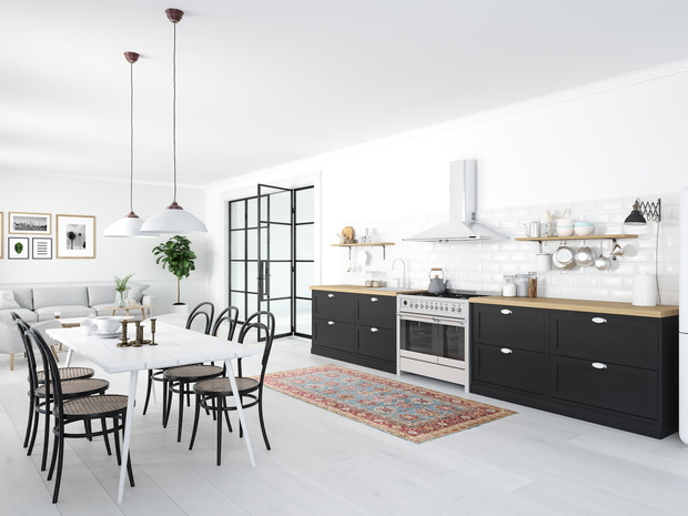 modern nordic kitchen in loft apartment. 3D rendering