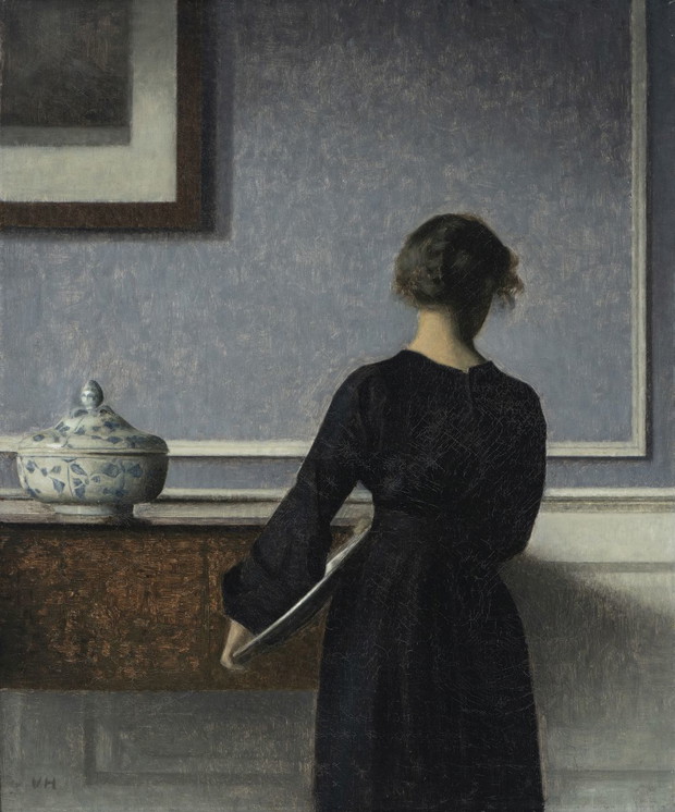 Vilhelm Hammershøi (1864–1916, Dania) Wnętrze z młodą kobietą widzianą od tyłu 1904 olej, płótno Randers Kunstmuseum