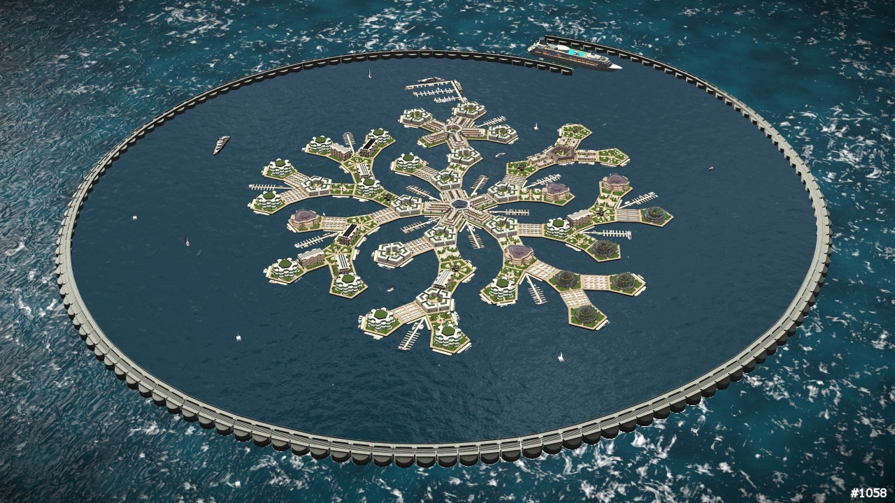 Pływające miasto, projekt konkursowy Instytutu Seasteading, wizualizacja:  Gabriel Scheare, Luke Crowley, Lourdes Crowley, and Patrick White, Chile