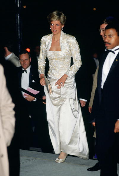 Diana, Princess of Wales wears a dress designed by Victor Ed