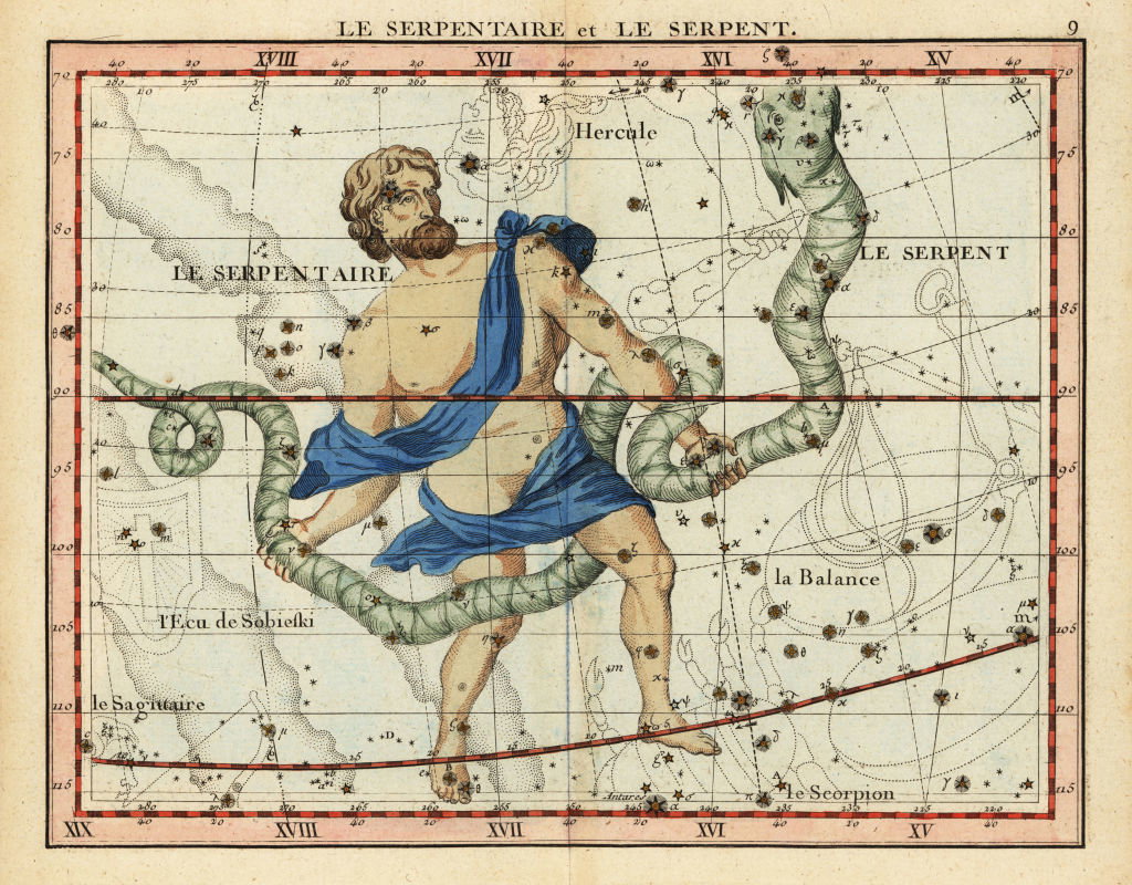 Konstelacje Ophiuchus i Serpens, z Herkulesem, Wagą, Skorpionem i Scutum. Le serpentaire et le serpent. Ręcznie kolorowany miedzioryt z Niebiańskiego atlasu Johna Flamsteeda i Nicolasa Fortina lub Atlas Celeste de Flamsteed, Lalande, Paryż, 1795 r.