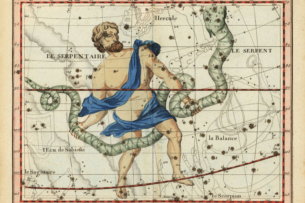 Konstelacje Ophiuchus i Serpens, z Herkulesem, Wagą, Skorpionem i Scutum. Le serpentaire et le serpent. Ręcznie kolorowany miedzioryt z Niebiańskiego atlasu Johna Flamsteeda i Nicolasa Fortina lub Atlas Celeste de Flamsteed, Lalande, Paryż, 1795 r.