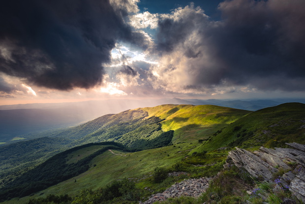 Scenic view of landscape against sky during sunset,Tarnica,Poland