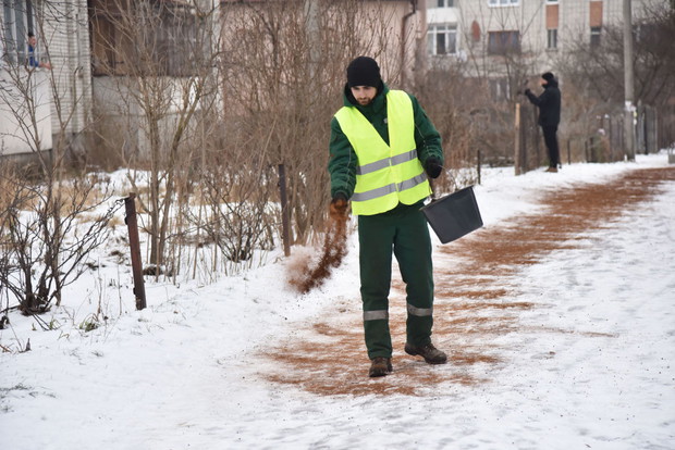 Posypywanie oblodzonych chodników fusami we Lwowie