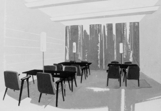 projekt wnętrza klubowego z fotelem 366 proj. Józef Chierowski lata 60-te