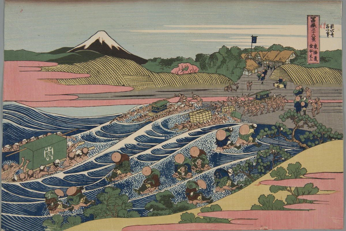 Przeprawa przez rzekę Oi w Kanaya na drodze Tokaido, Tokaido Kanaya no Fuji, z serii Trzydzieści sześć widoków góry Fuji, Fugaku sanju-rokkei, między 1823-1829, ze zbiorów MNK