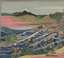Przeprawa przez rzekę Oi w Kanaya na drodze Tokaido, Tokaido Kanaya no Fuji, z serii Trzydzieści sześć widoków góry Fuji, Fugaku sanju-rokkei, między 1823-1829, ze zbiorów MNK