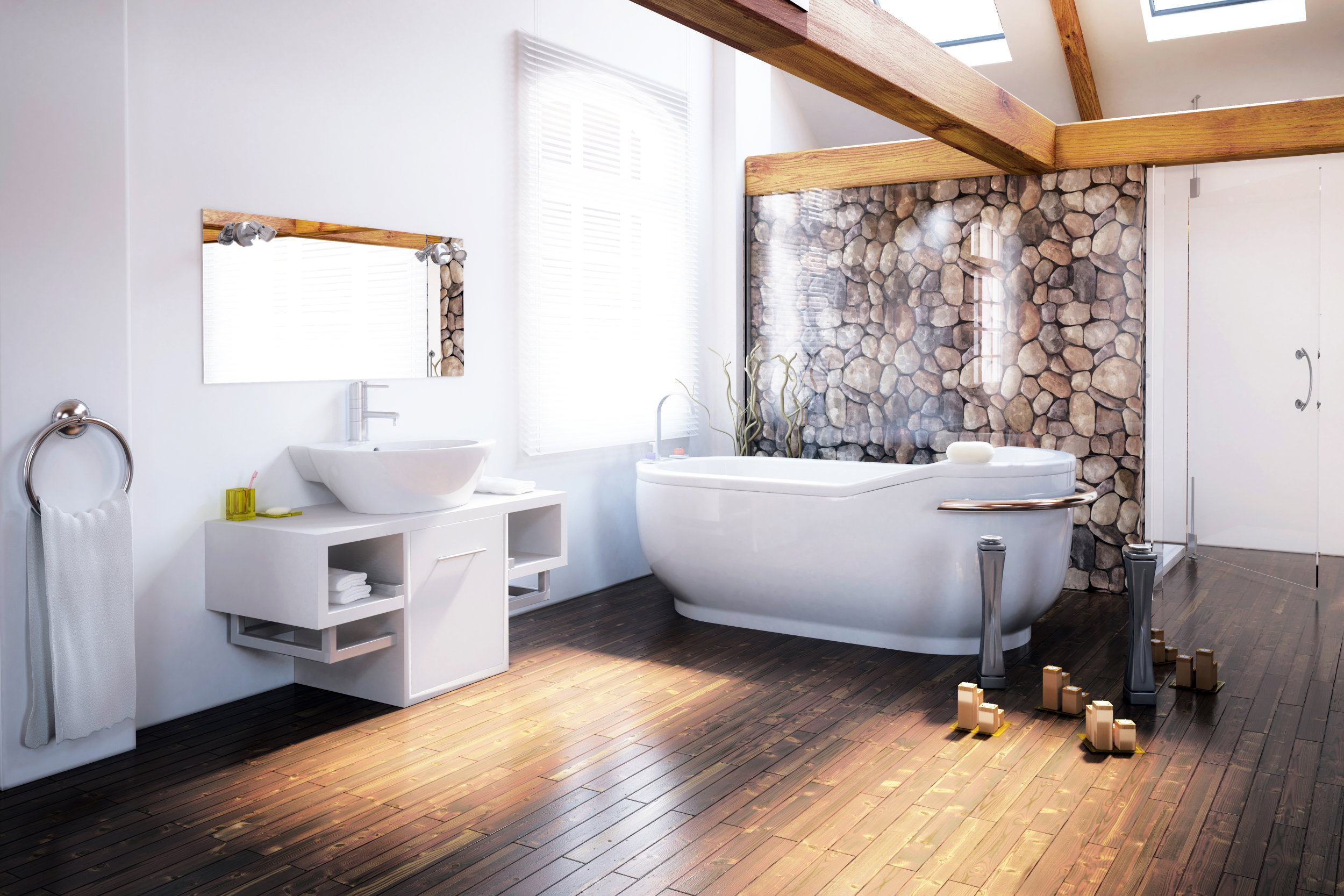 Nowoczesna łazienka - drewniane belki i podłoga, kamienna ściana i świeczki - macie ochotę na domowe spa? fot. fotolia
