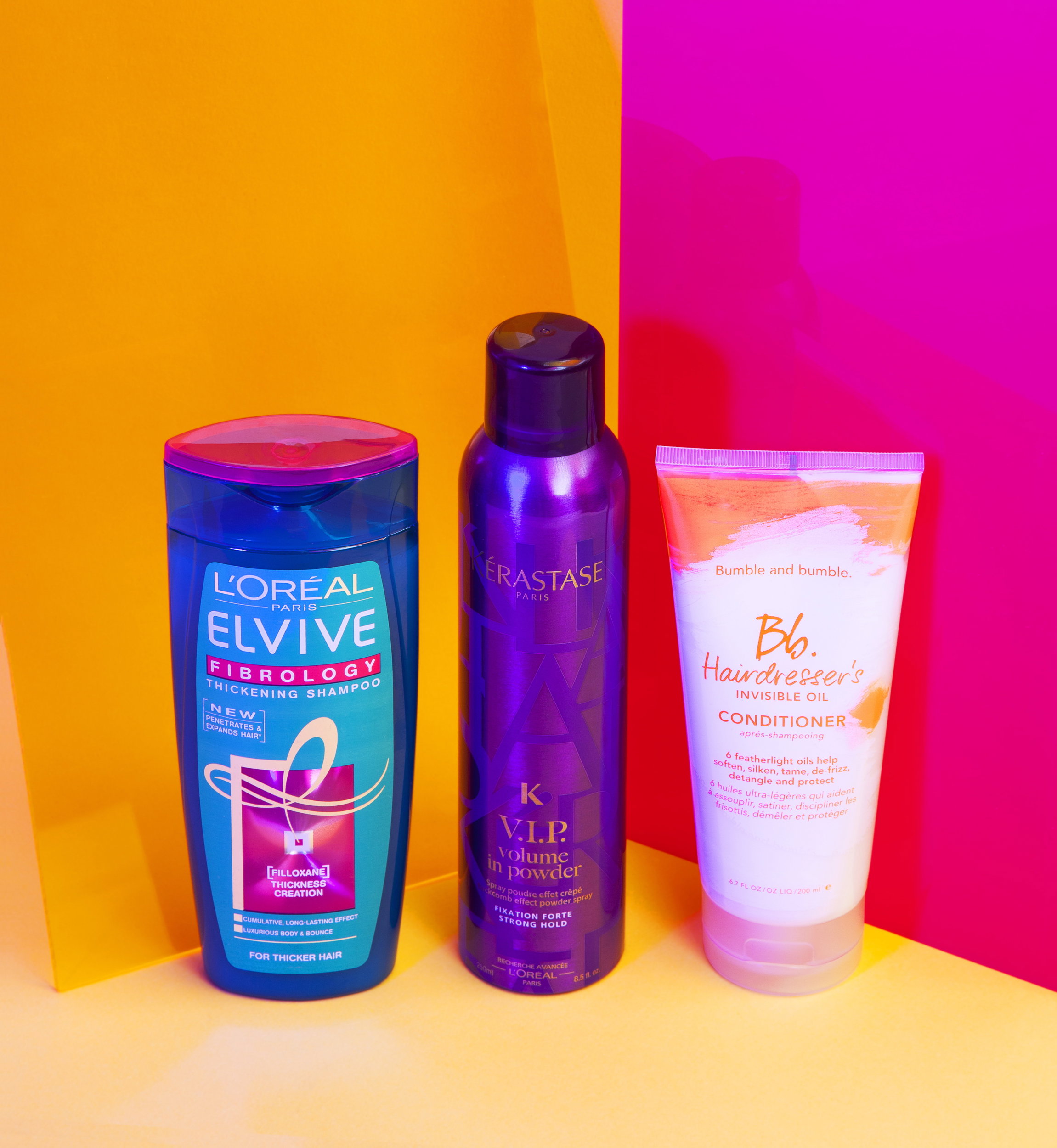 Najlepsze kosmetyki do włosów 2015! Szampon Elseve Fibralogy L'Oréal Paris, odżywka Bb. Hairdresser's Invisible Oil Bumble&amp;Bumble, produkt do stylizacji V.I.P. Volume In Powder Kérastase, fot. Eva Roovers