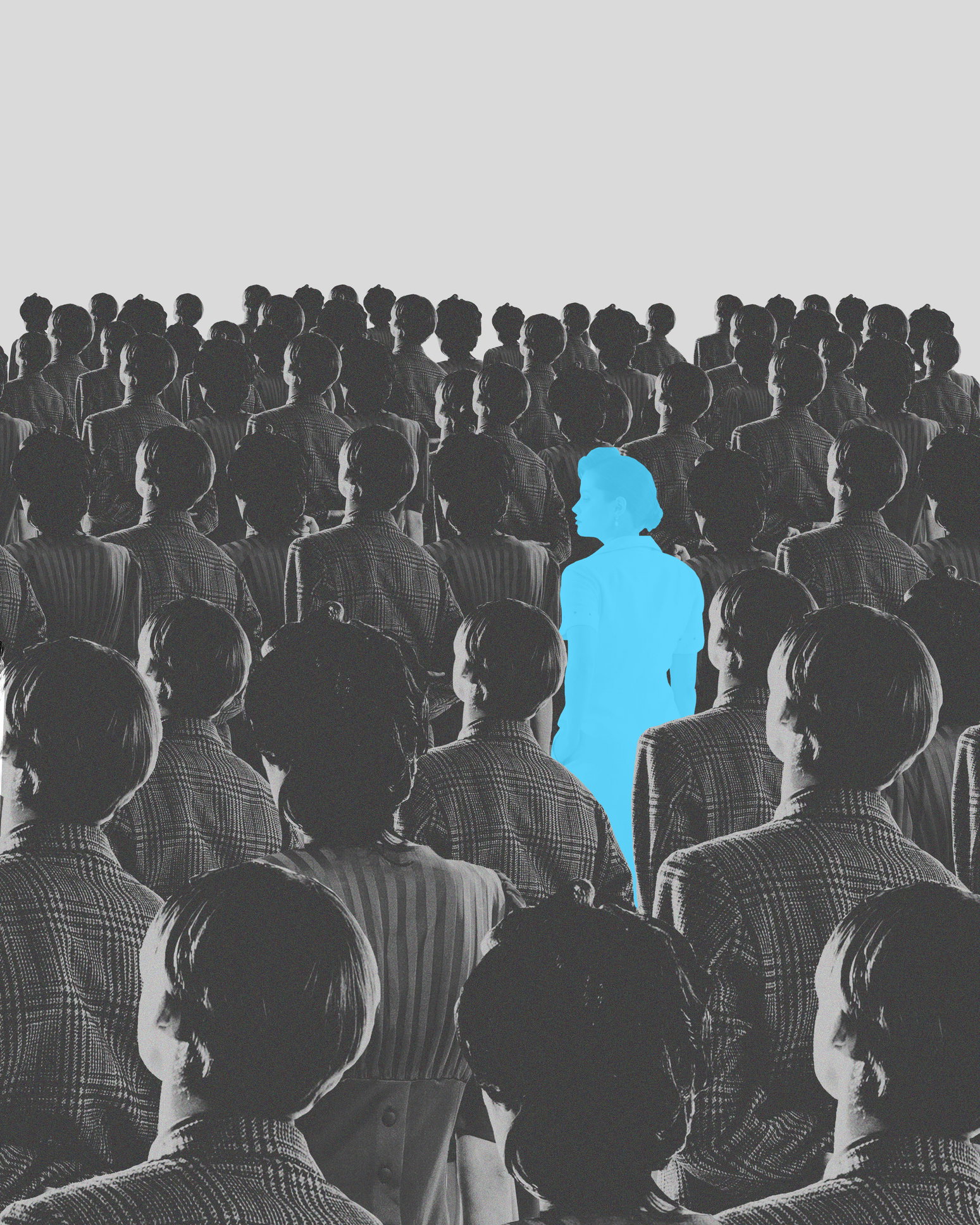 Blue silhouette pf person standing in monochrome crowd of different people. Conceptual design. Individualism in modern society.
