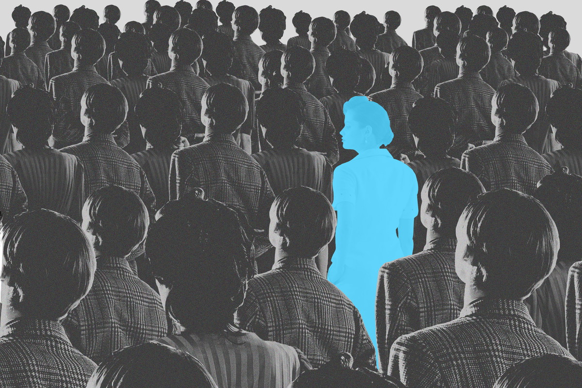 Blue silhouette pf person standing in monochrome crowd of different people. Conceptual design. Individualism in modern society.