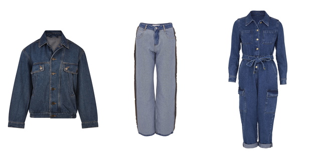 TK Maxx, kurtka jeansowa, 269.99 zł; spodnie jeansowe, 59.99 zł; jeansowy kombinezon, 199.99 zł