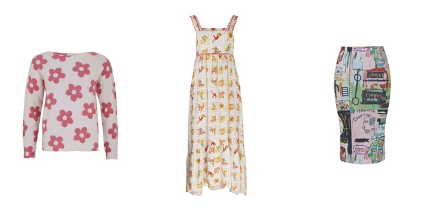 TK Maxx, różowy sweter w kwiaty, 169.99 zł; letnia sukienka w owoce, 134.99 zł; spódnica ołówkowa Basquiat, 49.99 zł