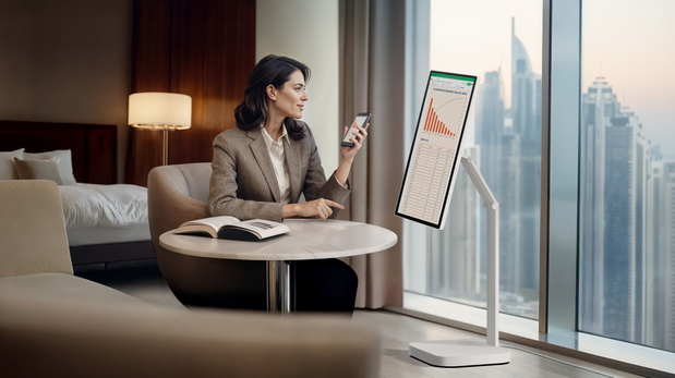 smart-monitor-key-visual-2025-32u889sa-smart-monitor-swing-lifestyle-images-b2b-usage-scene-business-hotel