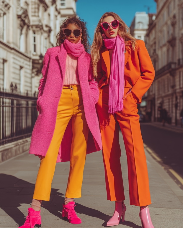 two women are posing in the street in pink, orange and yellow elegant clothes. Stylish fashionable spring concept