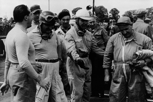 Alberto Ascari, Froilan Gonzalez, Guiseppe Farina (from left to right), and a mechanic.