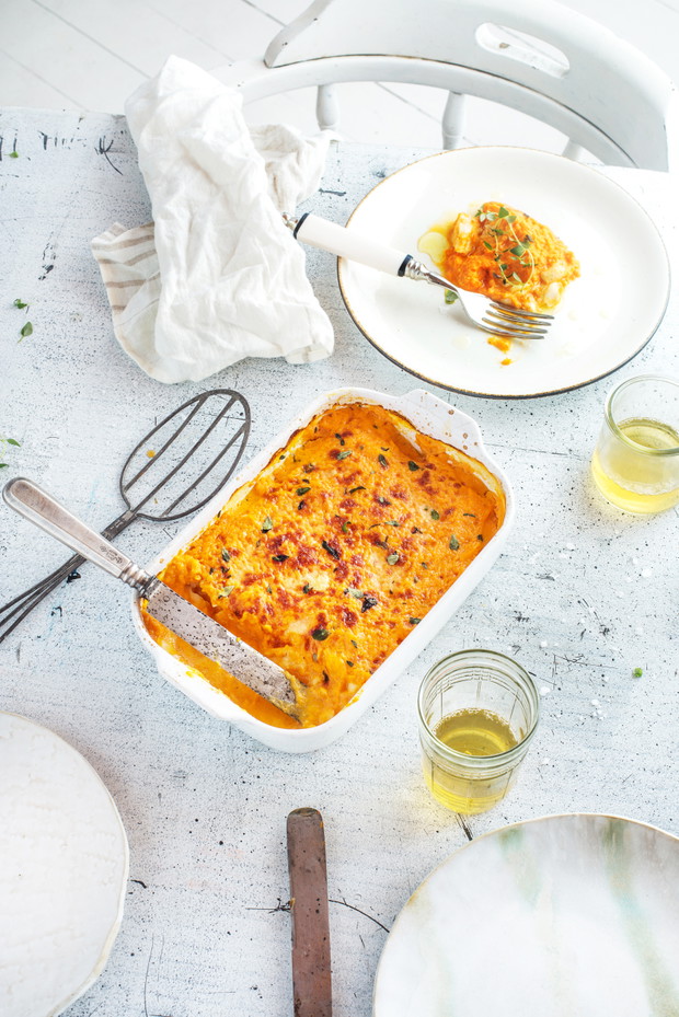 Dorsz zapiekany pod puree dyniowo-tymiankowym. autor: Marysia Przybyszewska fot. Krzysztof Kozanowski