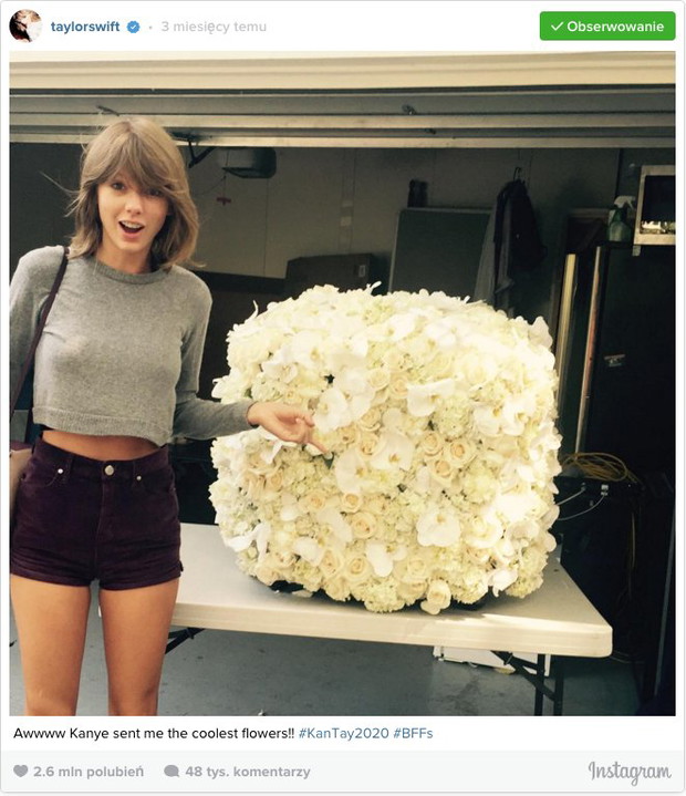 10 najpopularniejszych zdjęć na Instagramie w 2015 roku. 2. miejsce należy do Taylor Swift i kwiatów, które Amerykanka otrzymała od Kanye Westa. Post zdobył 2,6 miliony lajków