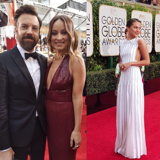 Złote globy 2016: gwiazdy na Instagramie, fot. @goldenglobes Jason Sudeikis, Olivia Wilde i Alicia Vikander