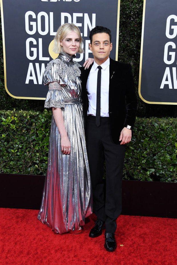 Złote Globy 2020: Lucy Boynton (w sukni Louis Vuitton) i Rami Malek