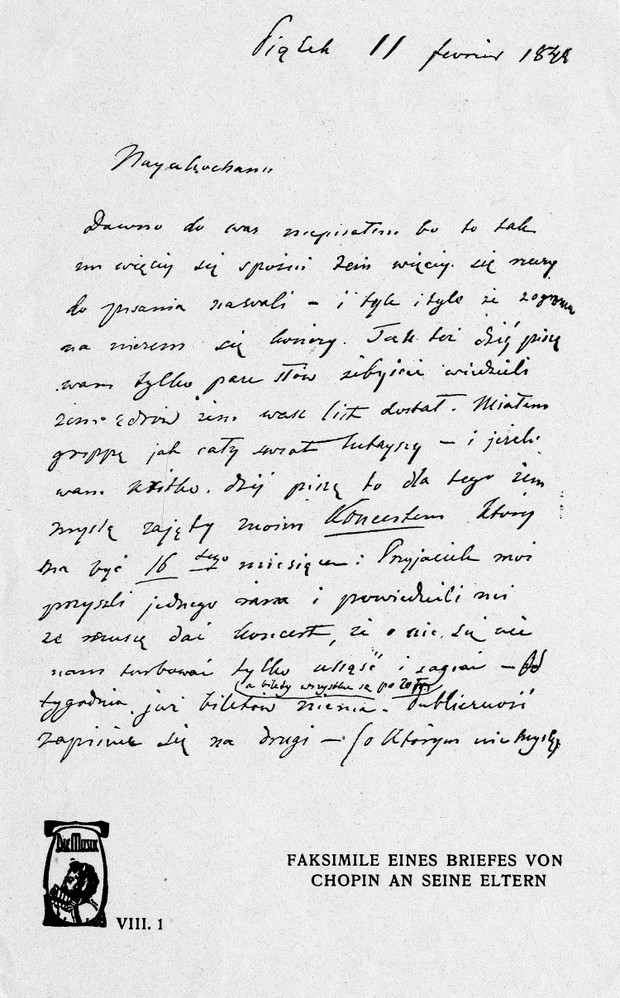 Frederic CHOPIN, *1810-1849+, Polish composer - Facsimile of a letter by Chopin addressed to his parents, February 11, 1848