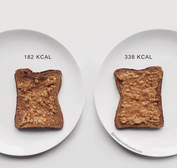Licznik kalorii zdrowej żywności: tost z 15 g masła orzechowego vs tost z 40 g masła orzechowego