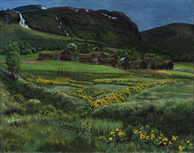 Nikolai Astrup (1880–1928, Norwegia) Czerwcowa noc i stare zabudowania wiejskie 1902–1908 olej, płótno Depozyt Sparebankstiftelsen w KODE Art Muse-ums and Composer Homes, Norwegia