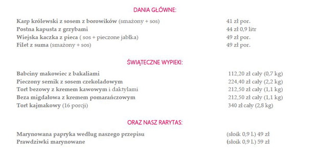 Menu świąteczne Restauracja Polska Różana