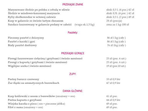 Menu świąteczne Restauracja Polska Różana