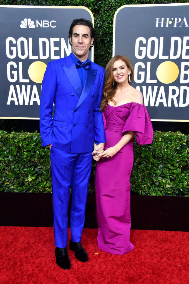 Złote Globy 2020: Sacha Baron Cohen i Isla Fisher (w sukni Monique Lhuillier)