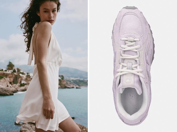 Minimalistyczna sukienka Lou z kolekcji THE BETWINS ze sneakersami New Balance 204