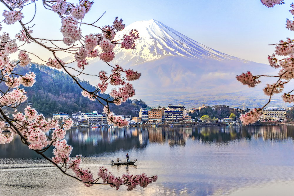 Fisherman sailing boat in Kawaguchiko Lake and Sakura with Fuji Mountain Reflection Background