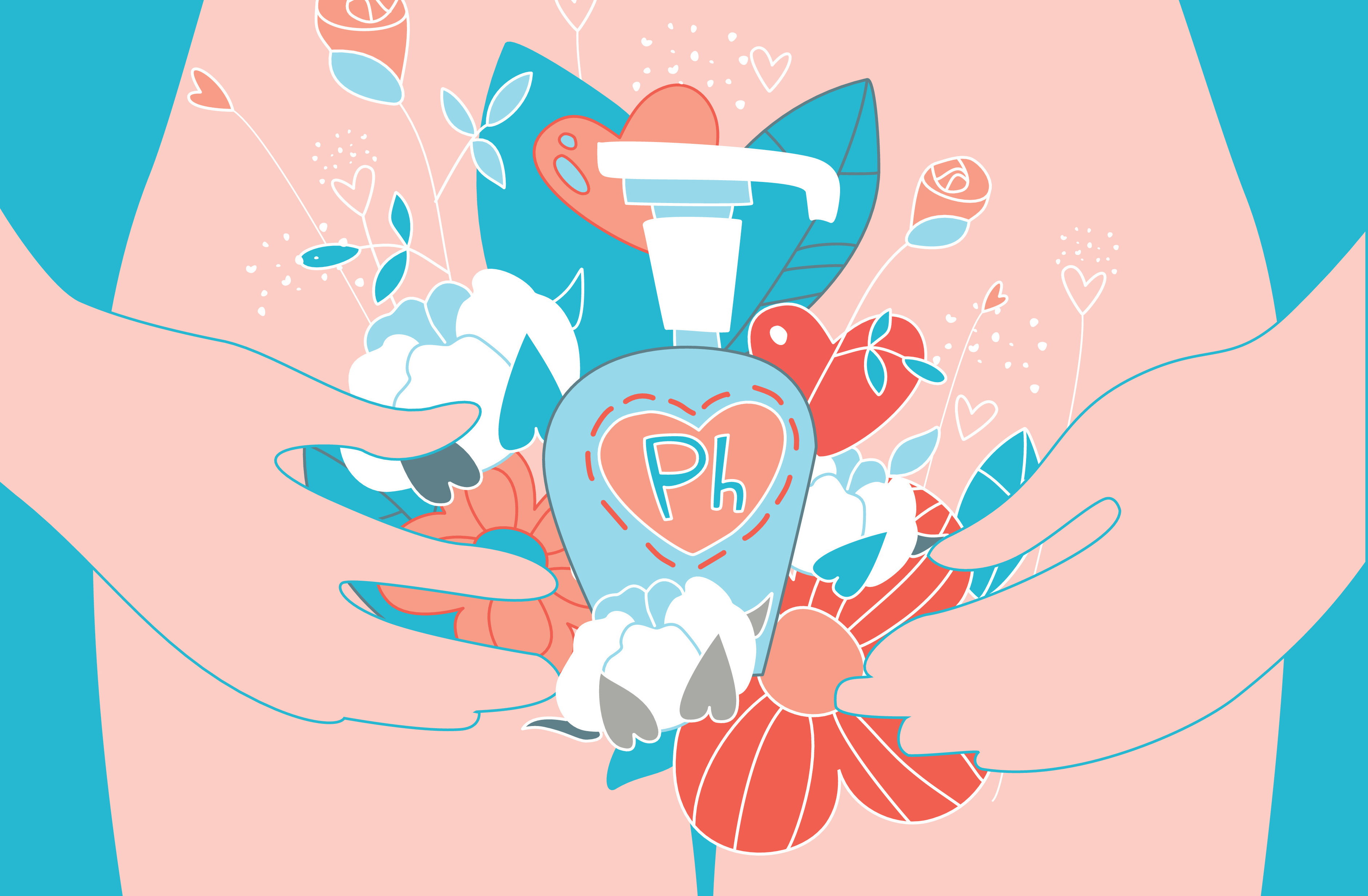 Caring for female intimate health. Soft cotton and natural flowers. Vector illustration.