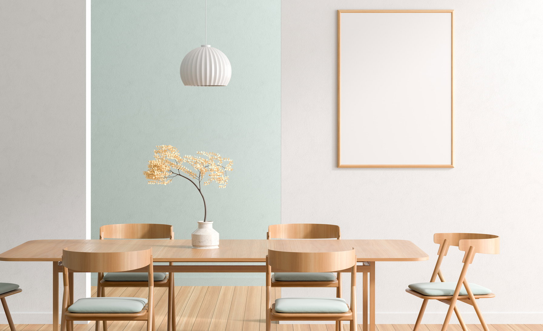 Mock up poster frame in spacious modern dining room with wooden chairs and table.  Minimalist dining room design. 3D illustration.