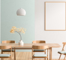 Mock up poster frame in spacious modern dining room with wooden chairs and table. Minimalist dining room design. 3D illustration.